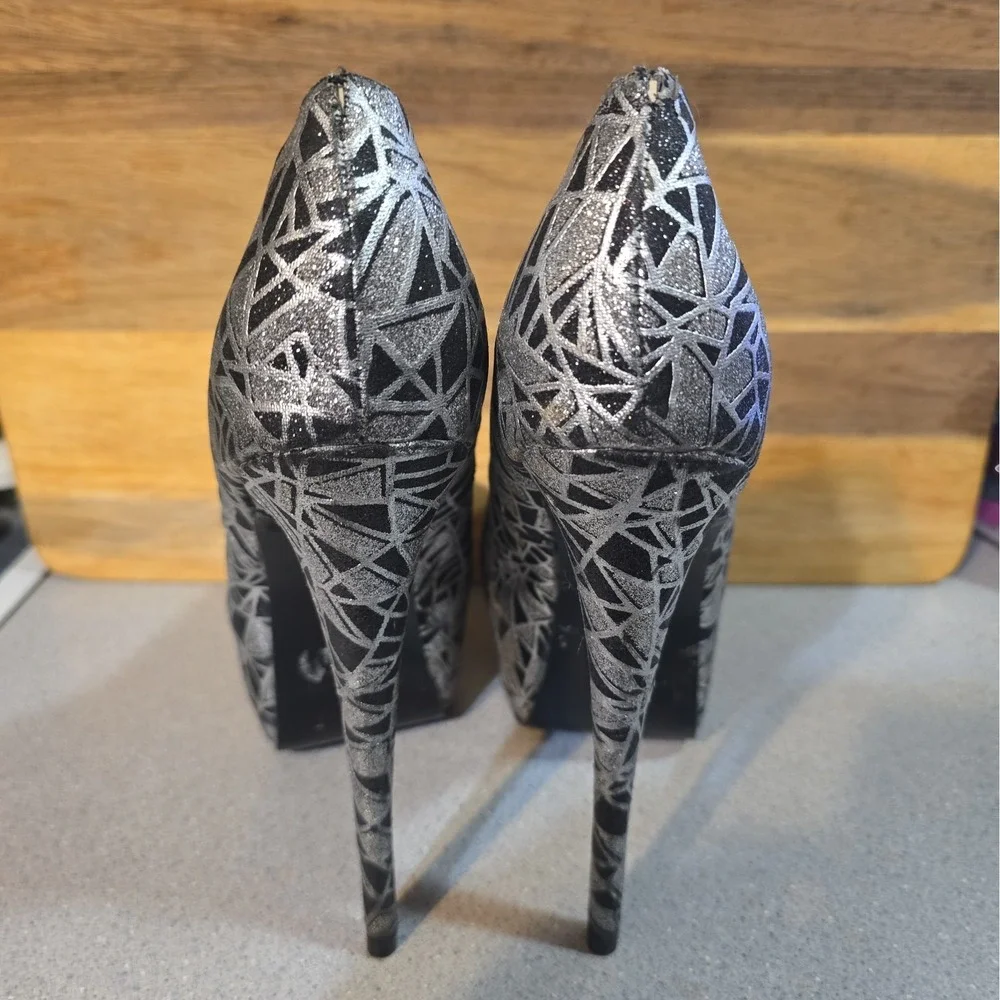 Women's Liliana Black & Silver Metallic Platform Stiletto Heel Size 10 Club Rave